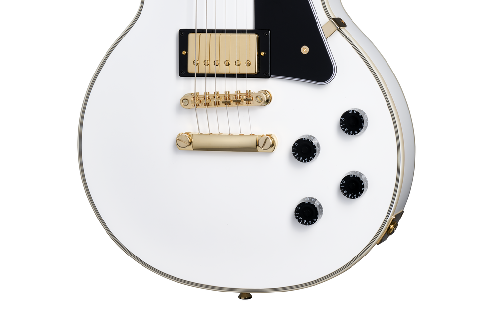 Electric guitar by EPIPHONE, Inspired by Gibson Les Paul Custom in Alpine White with gold hardware and dual humbucker pickups.