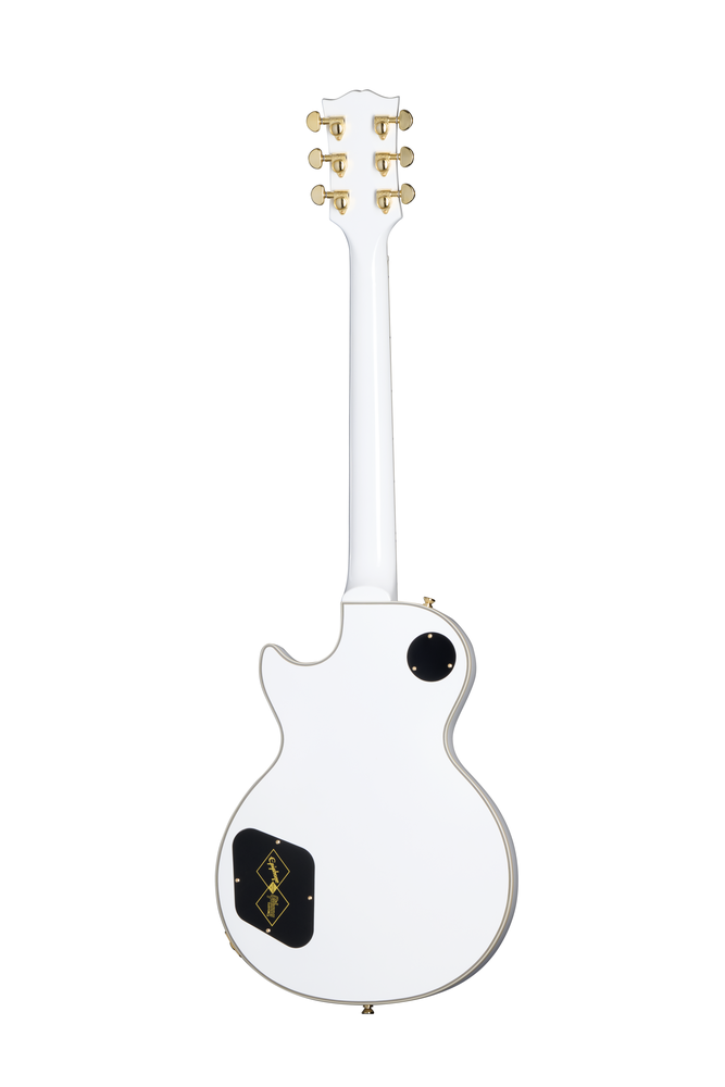Electric guitar by EPIPHONE, inspired by Gibson Les Paul Custom in Alpine White with gold hardware and sunburst finish.