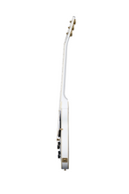 Electric guitar by EPIPHONE, Inspired By Gibson Les Paul Custom in Alpine White with gold hardware and dual humbucker pickups.