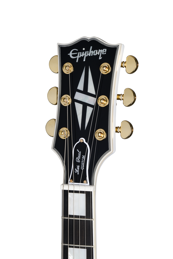 Epiphone Inspired By Gibson Les Paul Custom electric guitar in Alpine White with dual humbuckers and gold hardware.