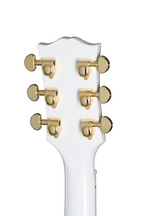 Electric guitar by Epiphone, Inspired by Gibson Les Paul Custom in Alpine White with gold hardware and dual humbucker pickups.