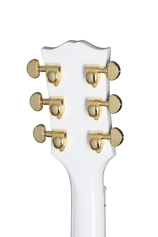 Electric guitar by Epiphone, Inspired by Gibson Les Paul Custom in Alpine White with gold hardware and dual humbucker pickups.
