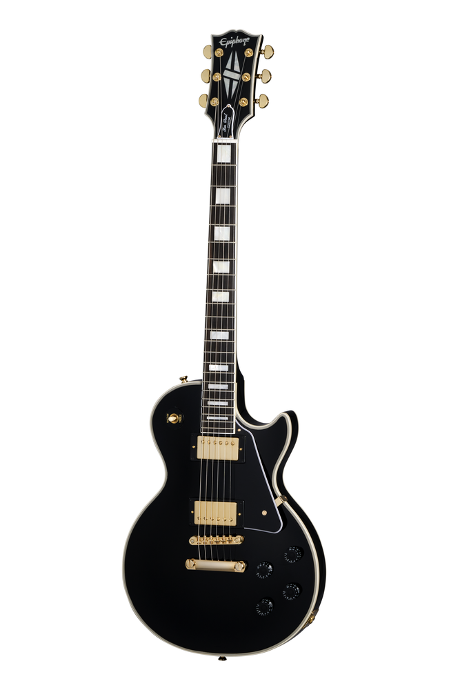 Black Epiphone Inspired By Gibson Les Paul Custom electric guitar with gold hardware and carved top, full view from the front.