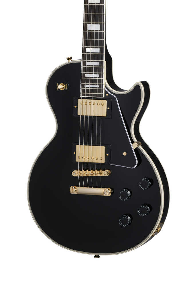 Electric guitar by EPIPHONE, Inspired By Gibson Les Paul Custom in Ebony with gold hardware and dual humbucker pickups.