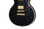 Electric guitar with ebony finish, Epiphone Inspired By Gibson Les Paul Custom, featuring dual humbucker pickups and gold hardware.