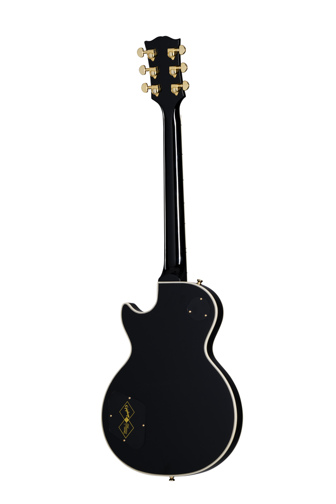 Electric guitar by EPIPHONE inspired by Gibson Les Paul Custom in ebony with gold hardware and dual humbucker pickups.