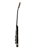 Electric guitar by EPIPHONE, inspired by Gibson Les Paul Custom in ebony with gold hardware and classic design features.