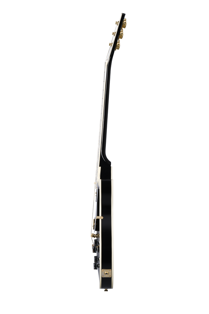 Electric guitar by EPIPHONE, inspired by Gibson Les Paul Custom in ebony with gold hardware and classic design features.
