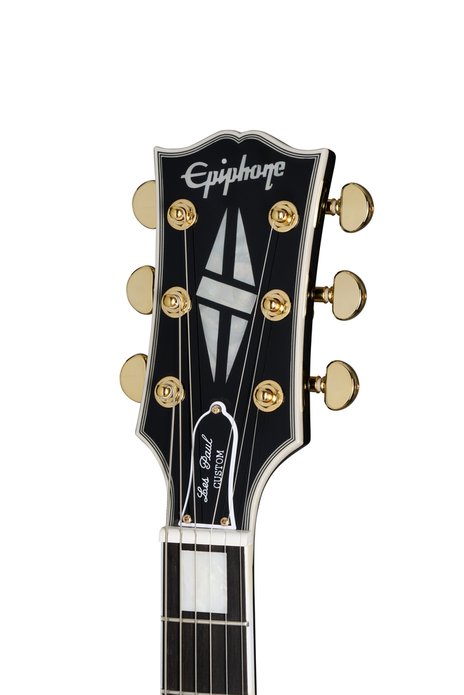 Electric guitar by Epiphone inspired by Gibson Les Paul Custom with ebony finish, featuring dual humbucker pickups and gold hardware.