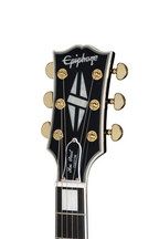 Electric guitar by Epiphone inspired by Gibson Les Paul Custom with ebony finish, featuring dual humbucker pickups and gold hardware.