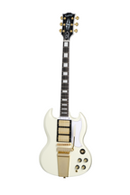 Epiphone Inspired by Gibson 63 Les Paul SG Custom Maestro electric guitar in white with dual humbucker pickups and gold hardware.