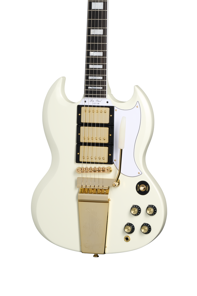 Electric guitar Epiphone Inspired by Gibson 63 Les Paul SG Custom Maestro in white with chrome hardware and dual humbucker pickups.