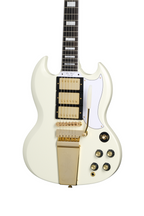 Electric guitar Epiphone Inspired by Gibson 63 Les Paul SG Custom Maestro in white with chrome hardware and dual humbucker pickups.
