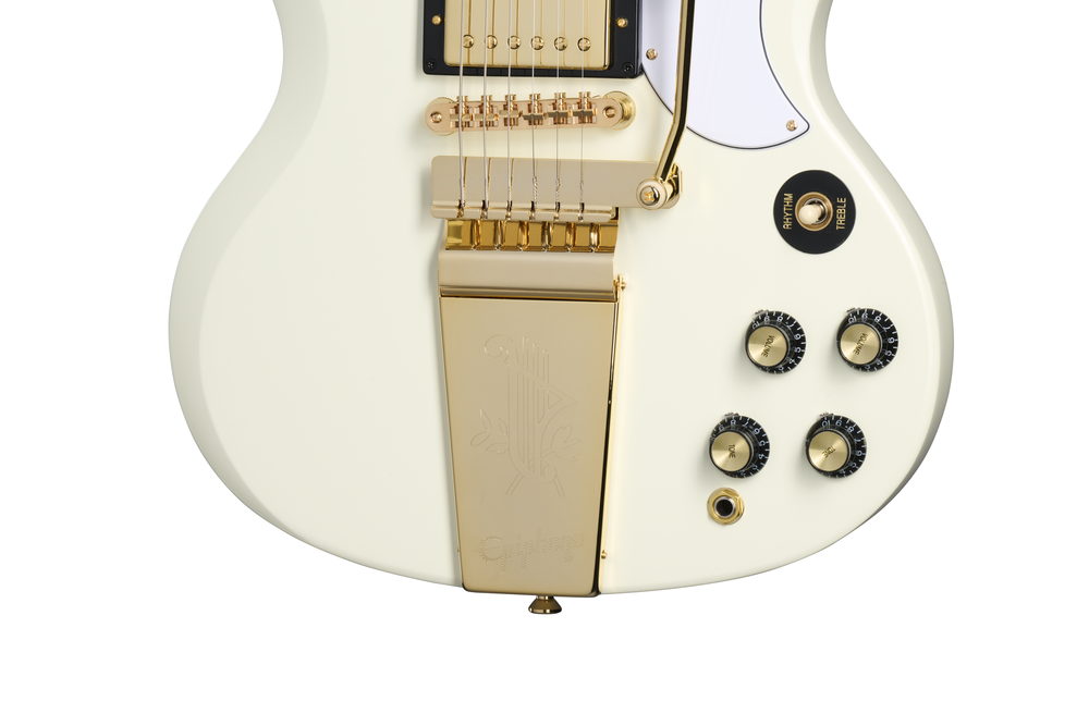 Electric guitar EPIPHONE Inspired by Gibson 63 Les Paul SG Custom Maestro in white with humbucker pickups and classic design.