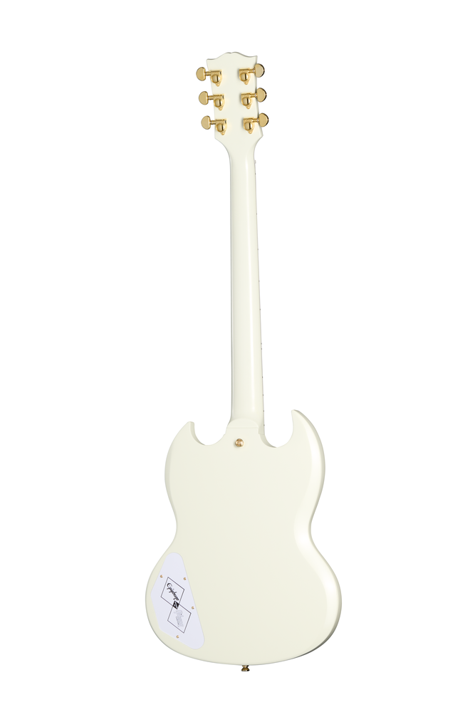 Epiphone Inspired by Gibson 63 Les Paul SG Custom Maestro electric guitar in white with double cutaway body and vintage-style hardware.