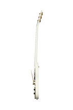 Electric guitar Epiphone Inspired by Gibson 63 Les Paul SG Custom Maestro in white with chrome hardware and dual humbucker pickups.