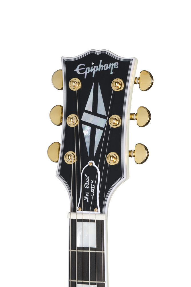 Epiphone Inspired by Gibson 63 Les Paul SG Custom Maestro electric guitar in white with chrome hardware and classic design.