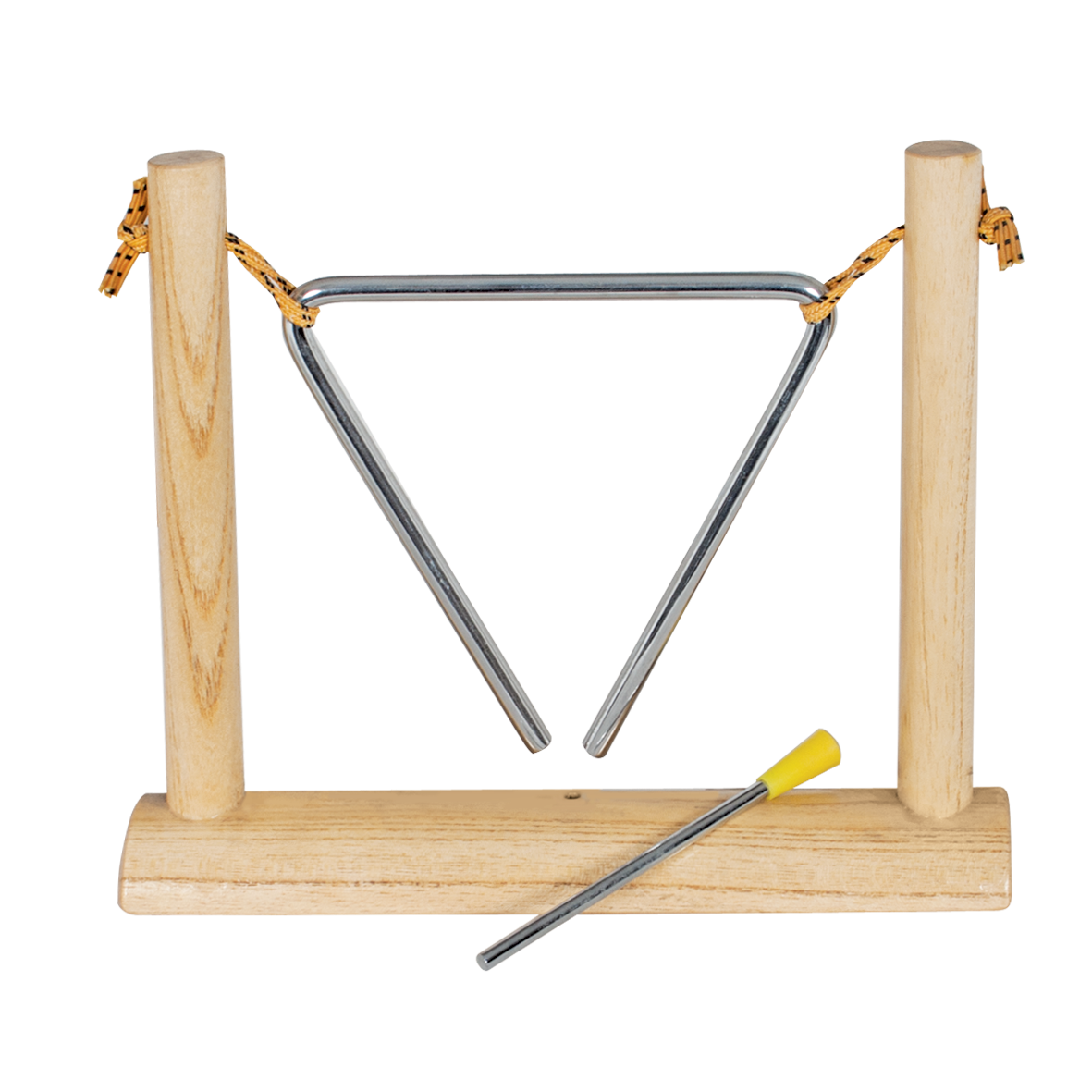 Mano Percussion ED510 6-inch triangle mounted on a U-shaped wooden stand, showcasing a hand percussion instrument with metal triangle and wood stand.
