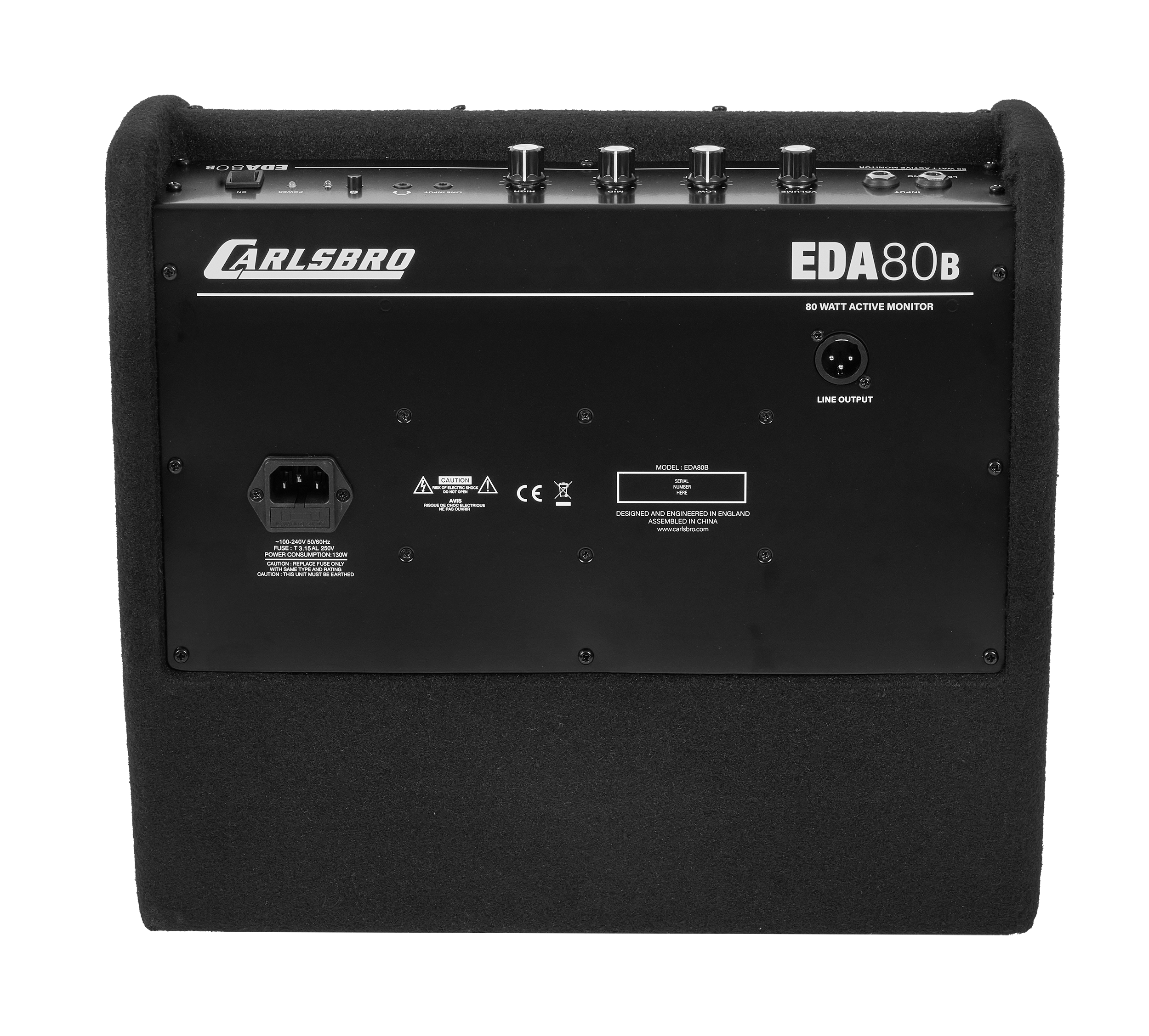 Carlsbro EDA80B drum monitor with Bluetooth connectivity, featuring a sleek black design and rear control panel for audio setup.