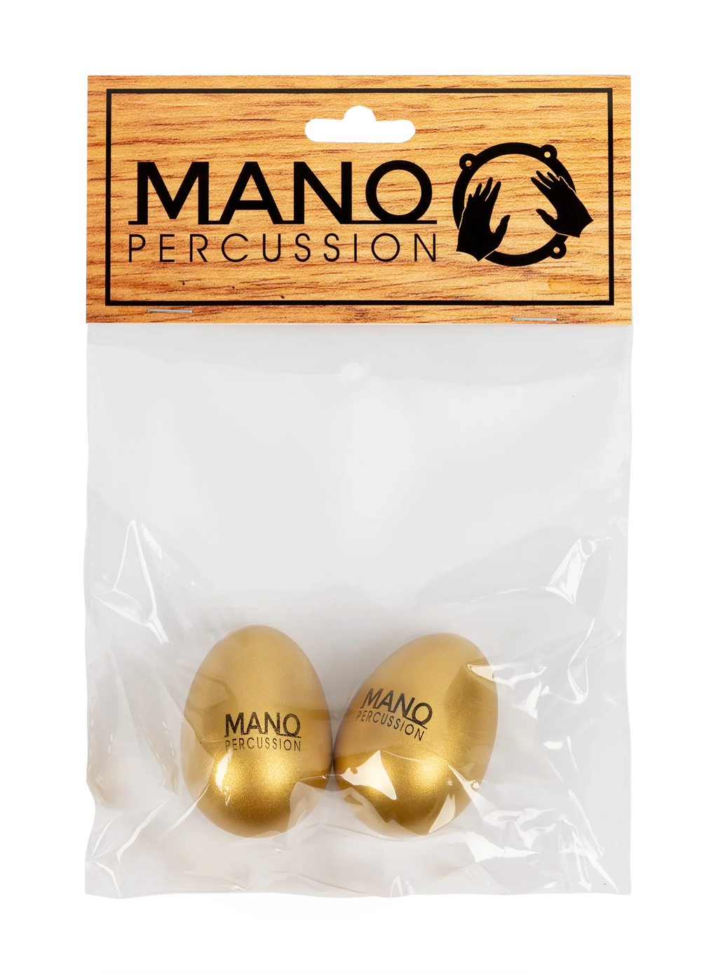Mano Percussion EDP05G gold egg shaker, a hand percussion accessory, shown in its packaging with a shiny gold finish.