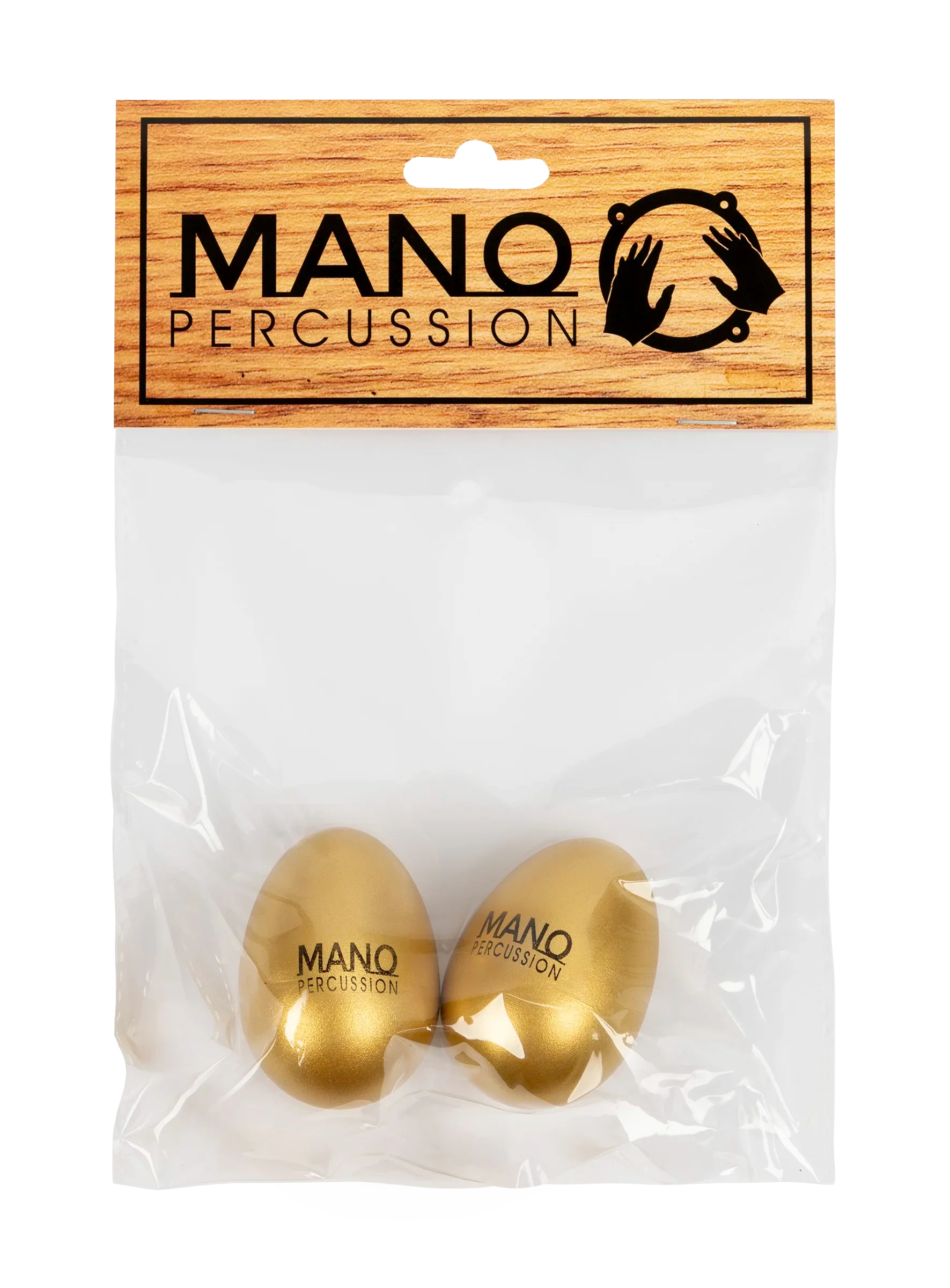 Mano Percussion EDP05G gold egg shaker, a hand percussion accessory, shown in its packaging with a shiny gold finish.