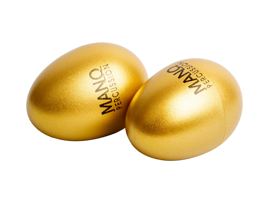 Mano Percussion EDP05G gold egg shaker for hand percussion, showing side view with shiny gold finish and compact design