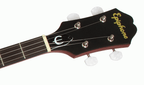Epiphone MB100 5-string open back banjo in vintage satin brown with wooden resonator and metal tuning pegs, ideal for folk and bluegrass.