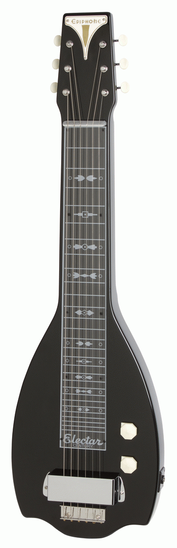 Black Epiphone Electar Inspired by 1939 Century lap steel guitar with carrying bag, designed for folk and bluegrass music.
