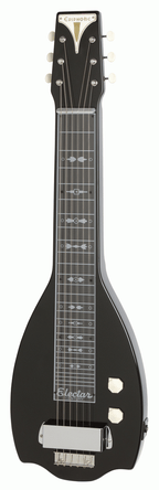Black Epiphone Electar Inspired by 1939 Century lap steel guitar with carrying bag, designed for folk and bluegrass music.