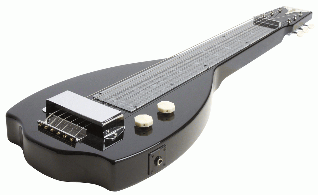 Black Epiphone Electar Inspired by 1939 Century lap steel guitar with carrying bag, designed for folk and bluegrass music.