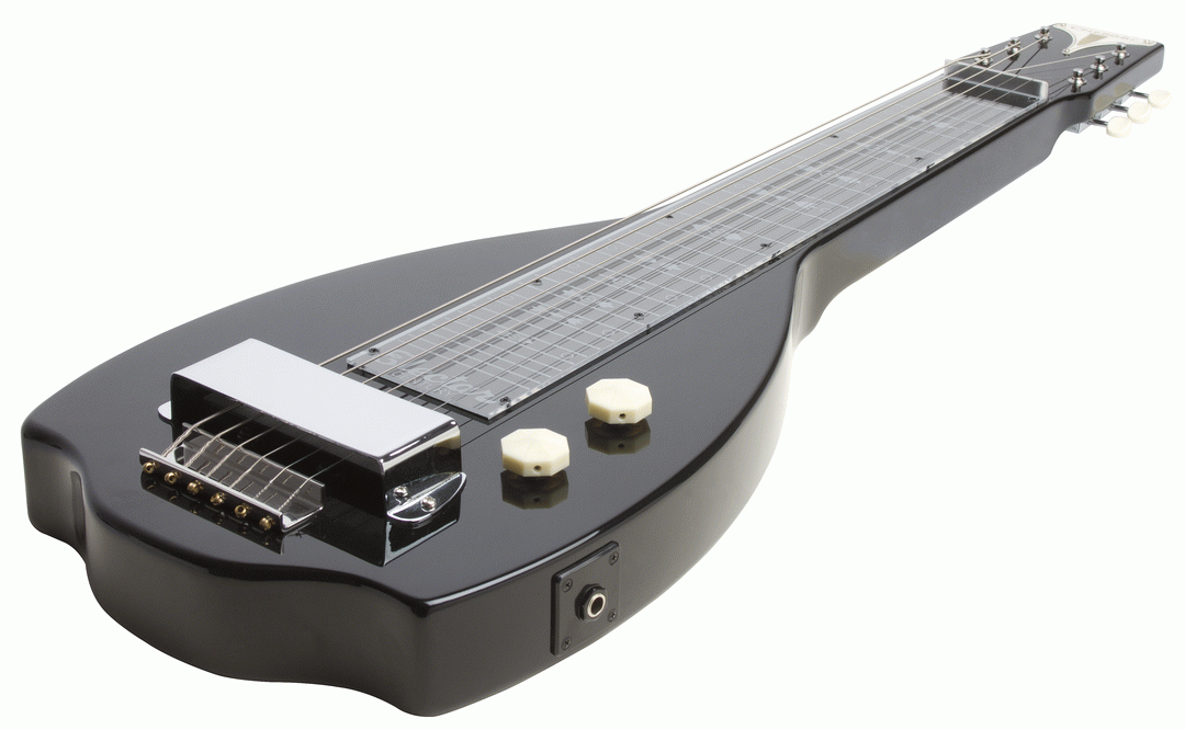 Black Epiphone Electar Inspired by 1939 Century lap steel guitar with carrying bag, designed for folk and bluegrass music.