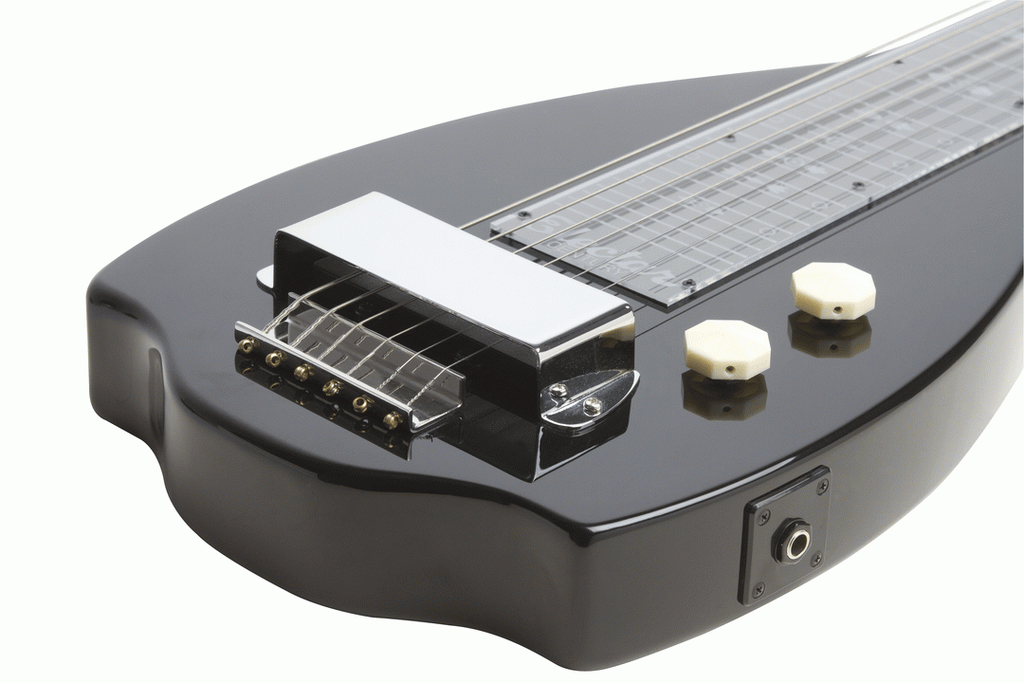 Black Epiphone Electar Inspired by 1939 Century lap steel guitar with carrying bag, designed for folk and bluegrass music.