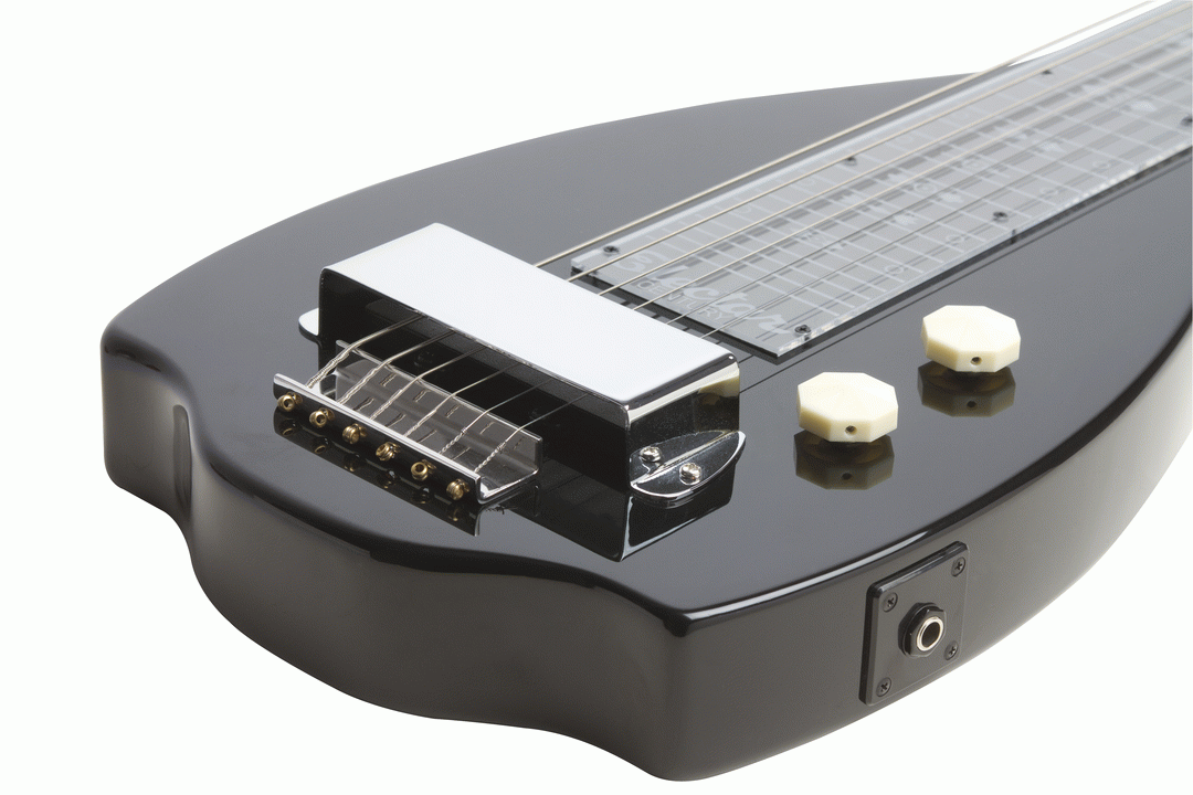 Black Epiphone Electar Inspired by 1939 Century lap steel guitar with carrying bag, designed for folk and bluegrass music.