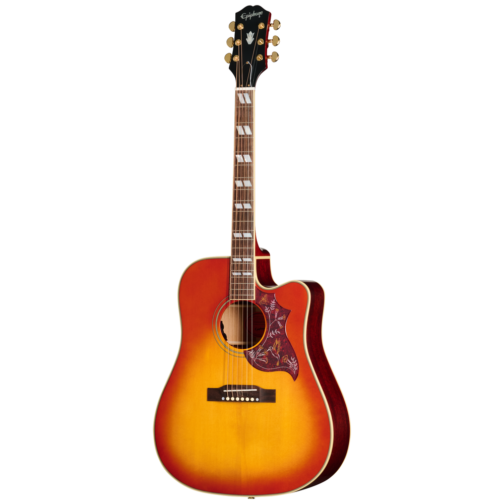 Epiphone Hummingbird Standard EC acoustic guitar in cherry sunburst finish, showcasing the body, pickguard, and fretboard details.