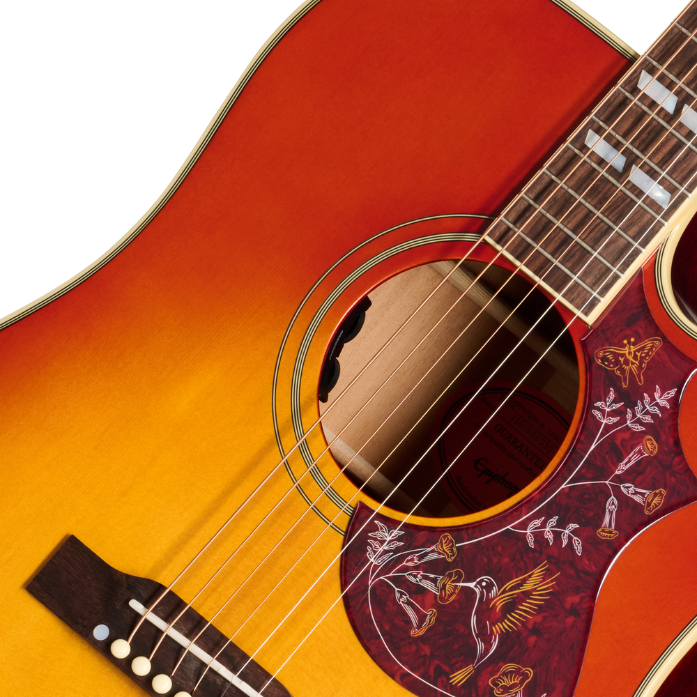 Epiphone Hummingbird Standard EC acoustic guitar in cherry sunburst finish, showcasing its body, soundhole, and vintage style.