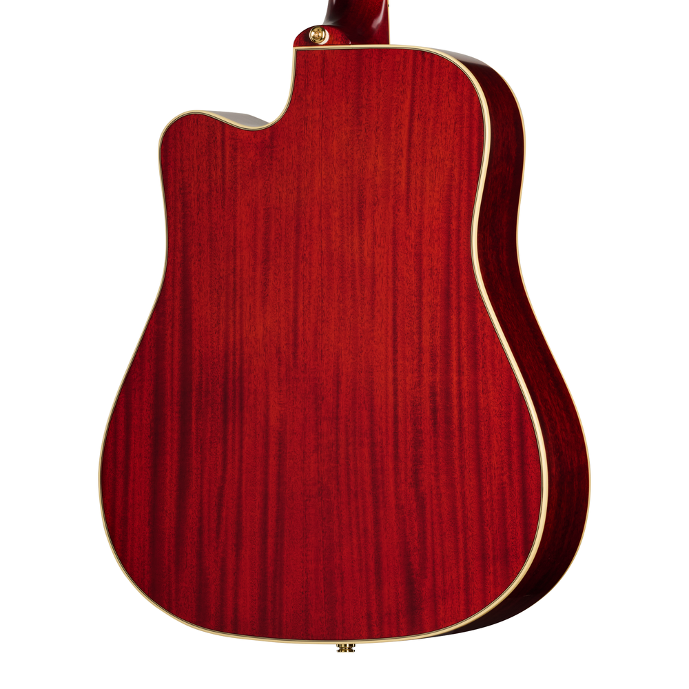Epiphone Hummingbird Standard EC acoustic guitar in cherry sunburst finish, showcasing its body, pickguard, and wooden neck.