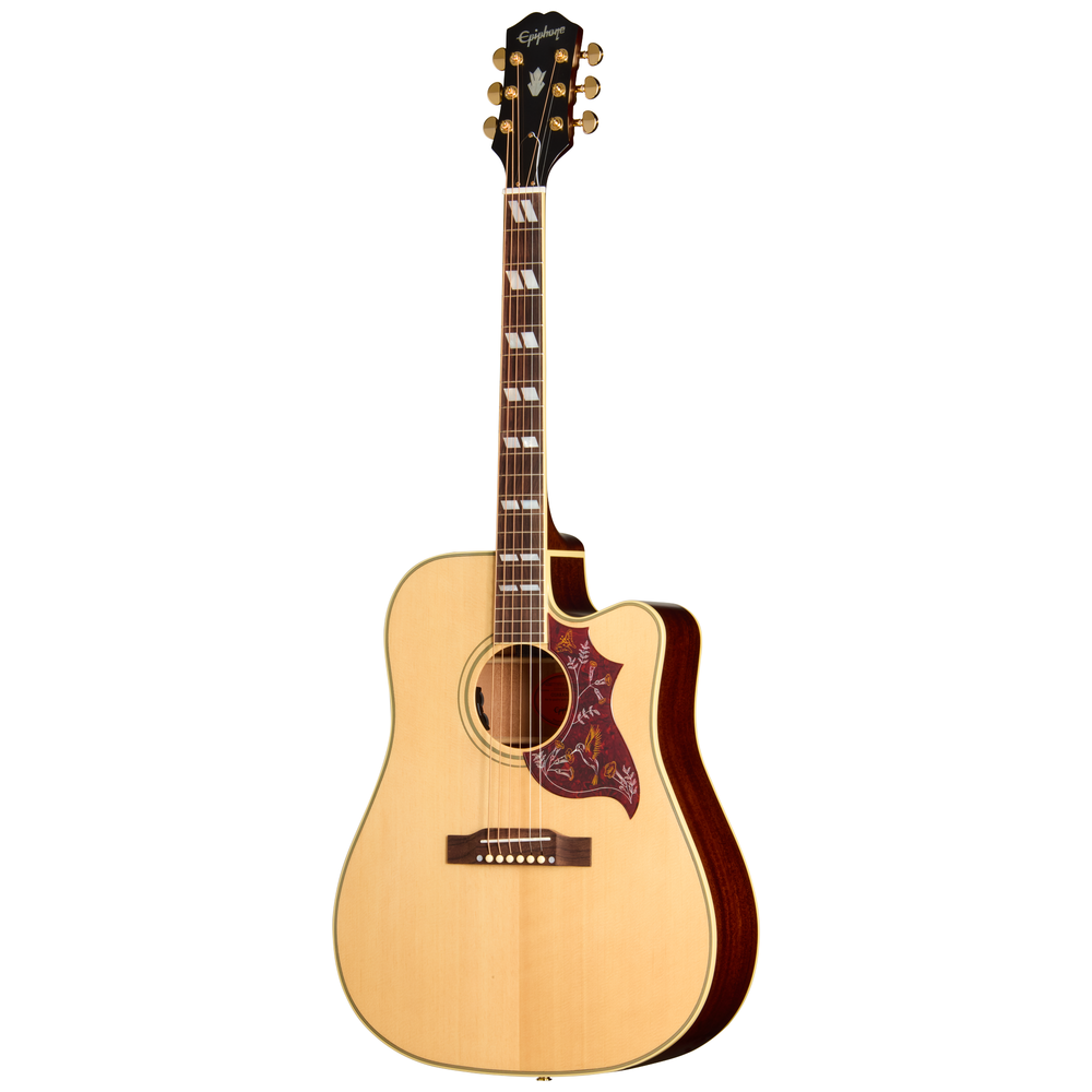 Acoustic guitar by Epiphone Hummingbird Standard EC in natural finish, featuring a traditional dreadnought shape and decorative pickguard.