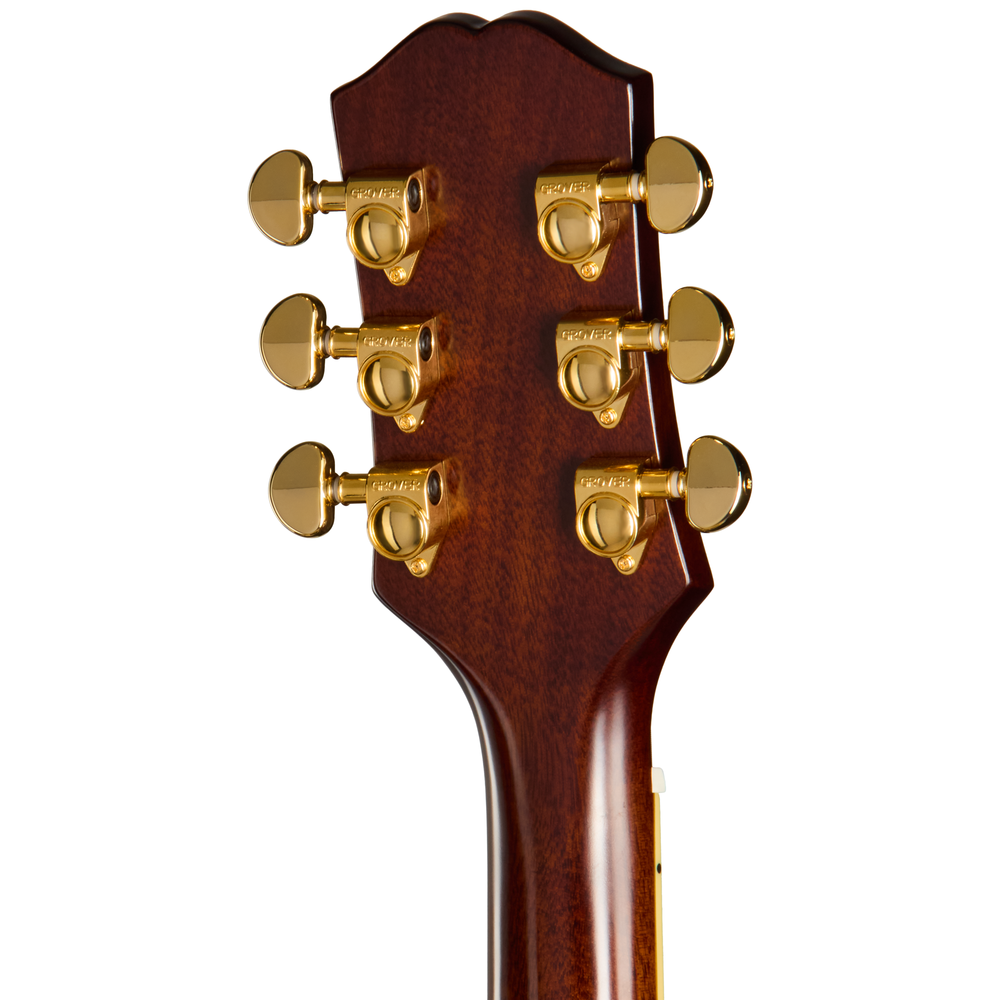 Epiphone Hummingbird Standard EC natural acoustic guitar with a sunburst finish and traditional design.