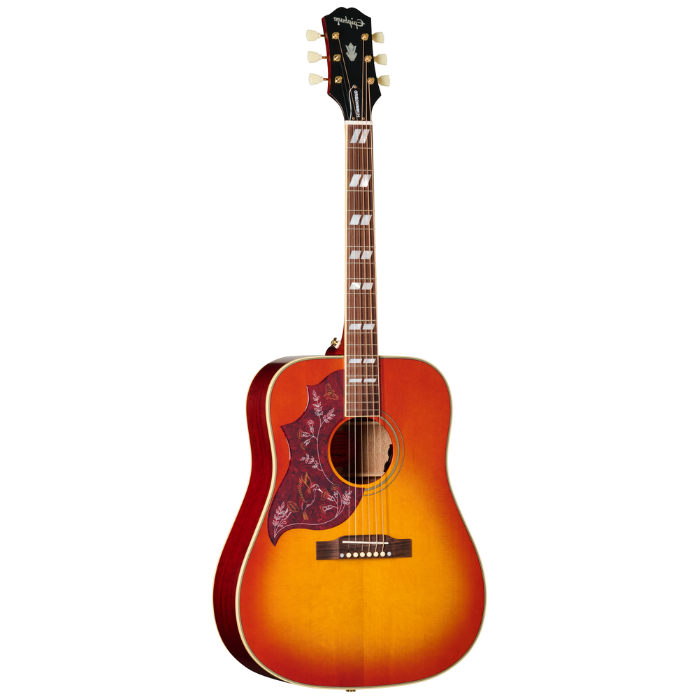 Epiphone Hummingbird Standard acoustic guitar in cherry sunburst finish with left-handed design, featuring a classic dreadnought shape.