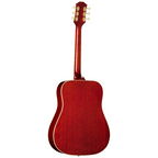 Epiphone Hummingbird Standard acoustic guitar in cherry sunburst finish, left-handed, with detailed wood grain and vintage-style inlays.