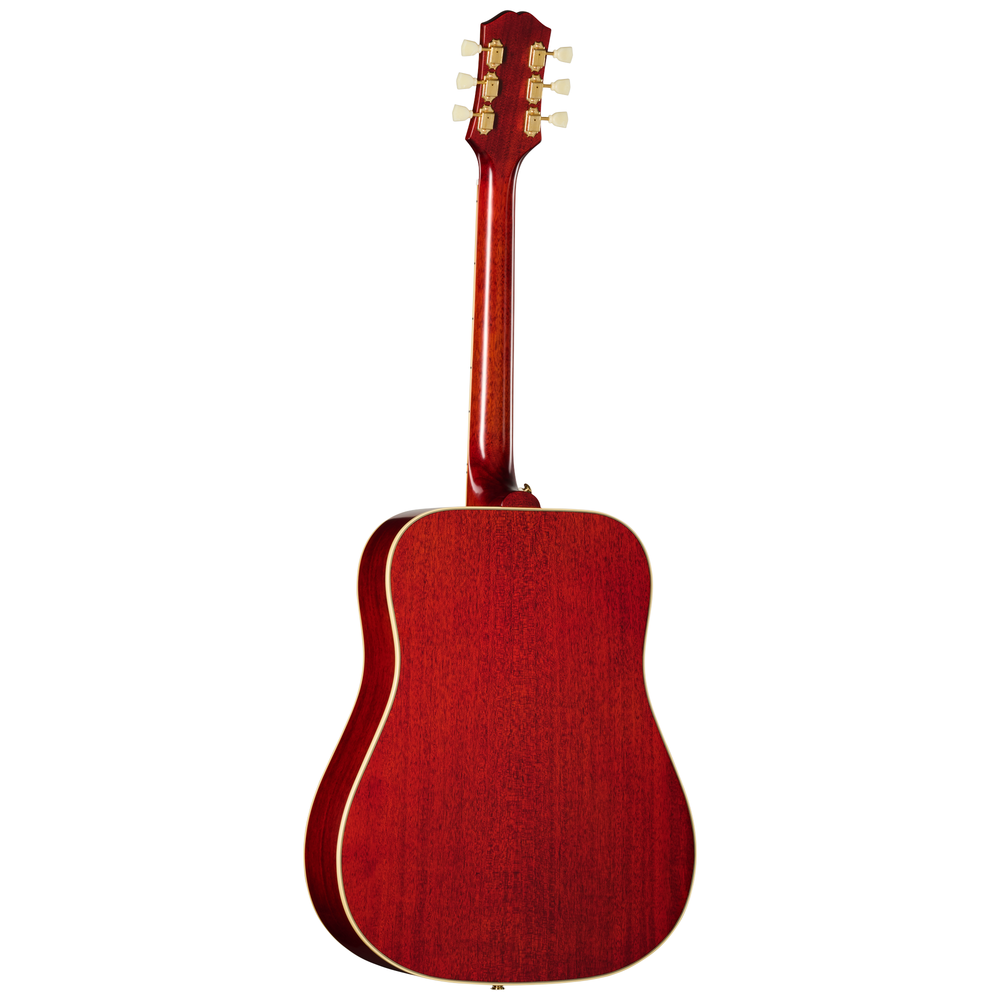 Epiphone Hummingbird Standard acoustic guitar in cherry sunburst finish, left-handed, with detailed wood grain and vintage-style inlays.