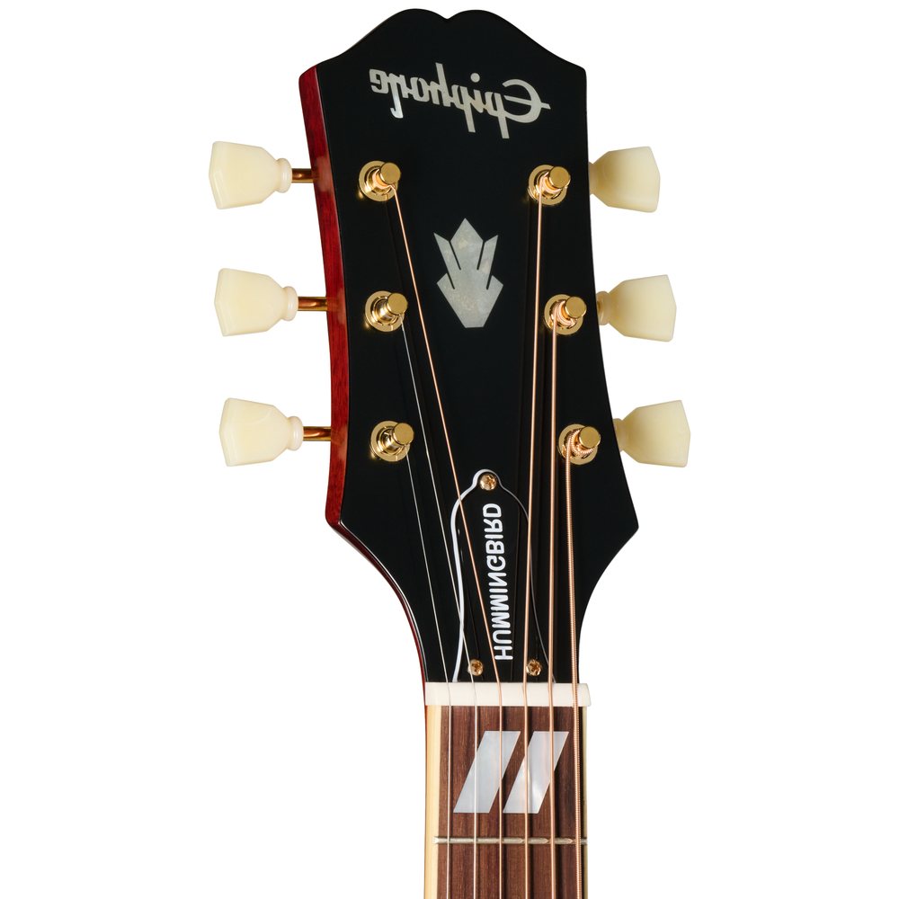 Epiphone Hummingbird Standard acoustic guitar in cherry sunburst finish, left-handed, showcasing the body and detailed design.