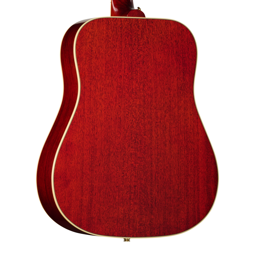Left-handed Epiphone Hummingbird Standard acoustic guitar in cherry sunburst finish, showcasing its body and detailed design.