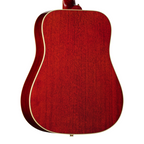 Left-handed Epiphone Hummingbird Standard acoustic guitar in cherry sunburst finish, showcasing its body and detailed design.