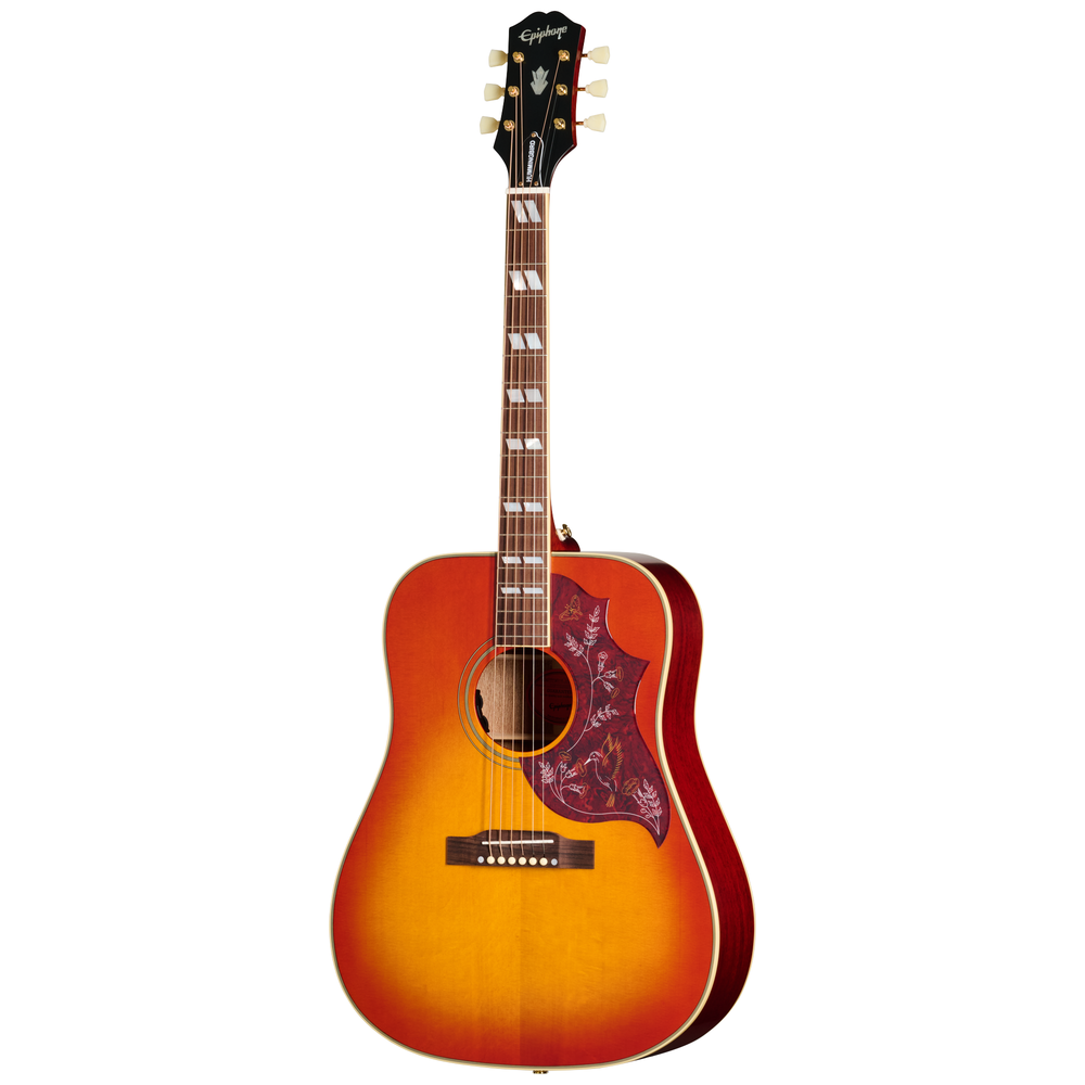 Epiphone Hummingbird Standard acoustic guitar in cherry sunburst finish, showcasing its body, pickguard, and detailed craftsmanship.