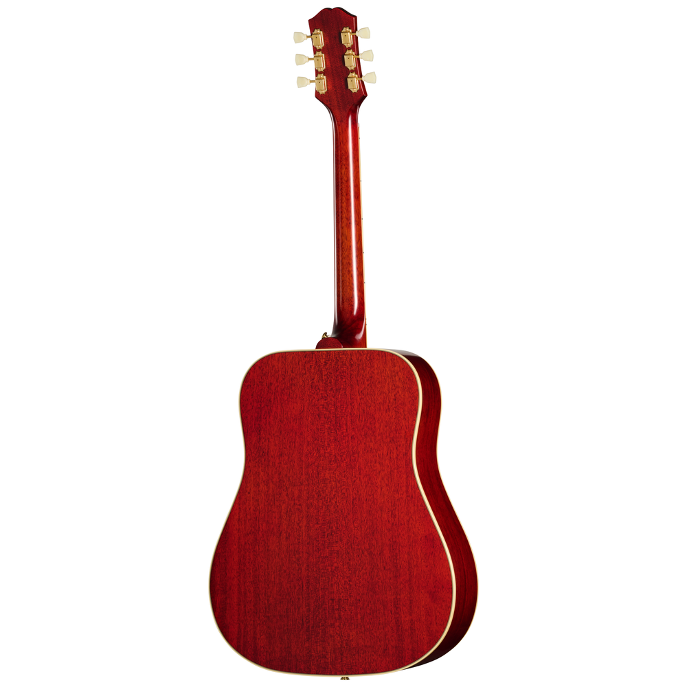 Epiphone Hummingbird Standard acoustic guitar in cherry sunburst finish with intricate pickguard and vintage-style tuning pegs.