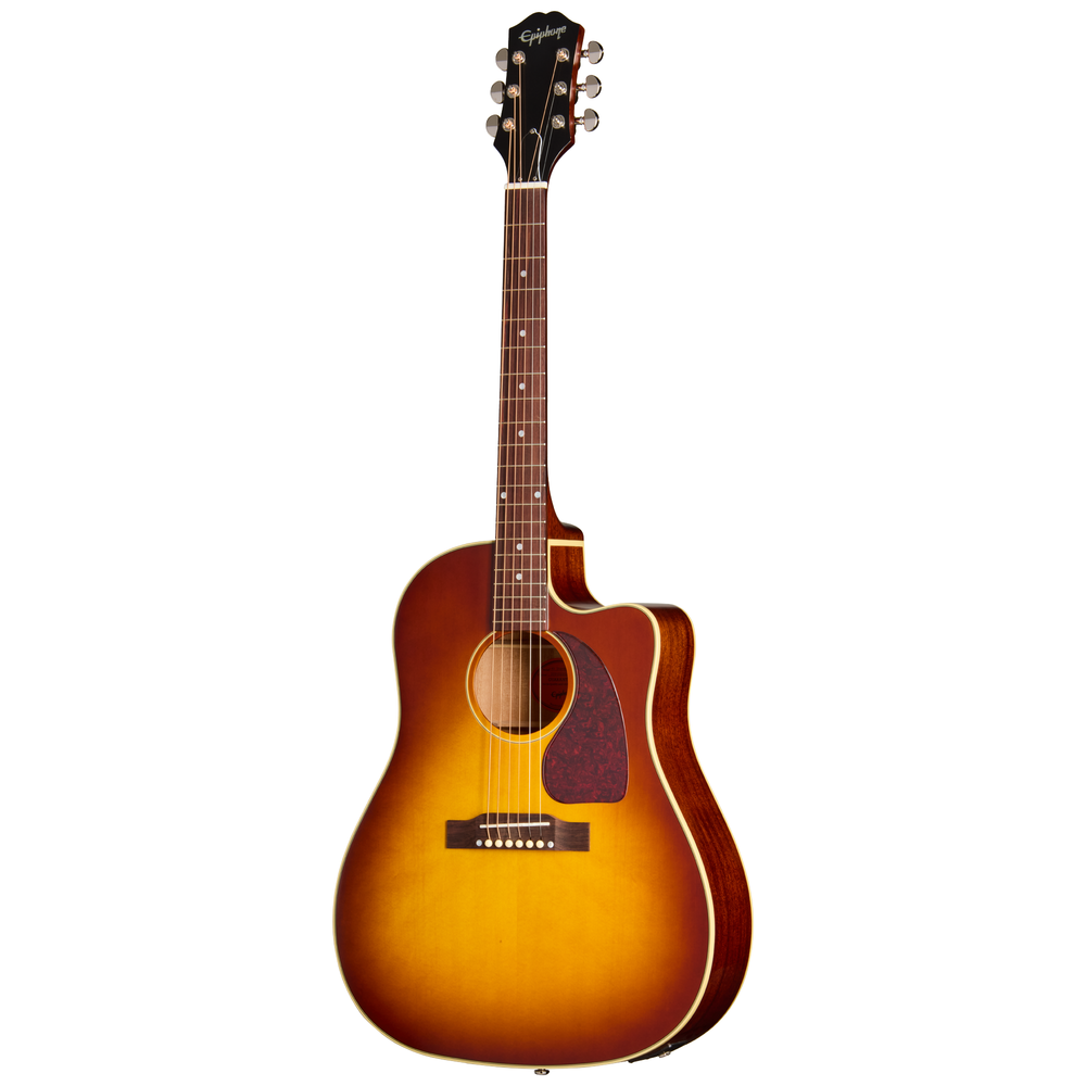 Epiphone J45 Standard EC acoustic guitar in honey burst finish, showing the body, neck, and hardware details.