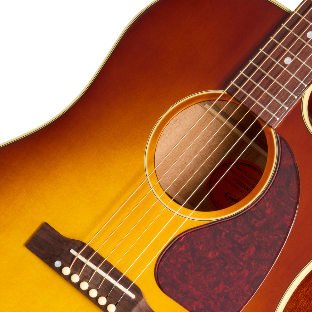 Epiphone J45 Standard EC acoustic guitar with honey burst finish, showing its body, fretboard, and quality craftsmanship.
