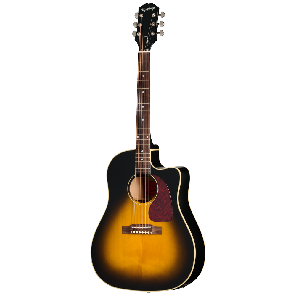 Epiphone J45 Standard EC acoustic guitar in vintage sunburst finish, showcasing its body, neck, and detailed wood grain.