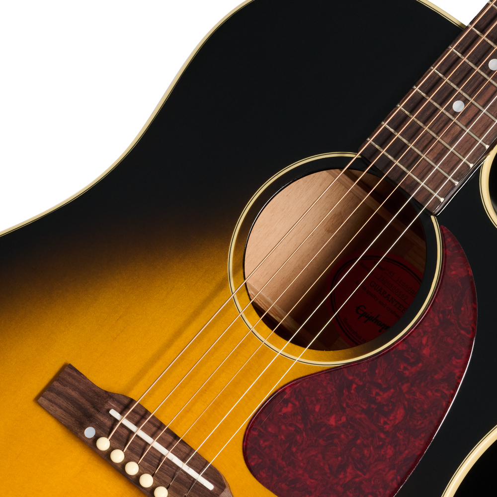 Epiphone J45 Standard EC acoustic guitar in vintage sunburst finish with a cutaway body and dreadnought shape.